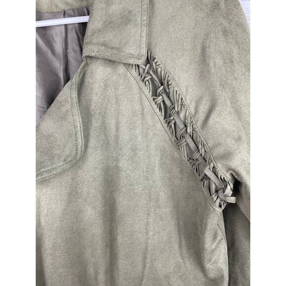 Miss Me Army Green Faux Suede Long Jacket Tie Front Boho Small Olive Utility - Picture 4 of 9